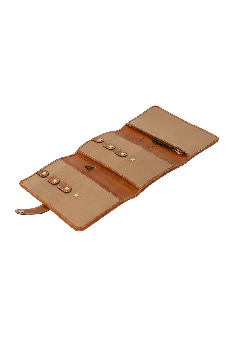 A brown leather needle case with multiple pockets and snap closures, designed to organize circular knitting needles.